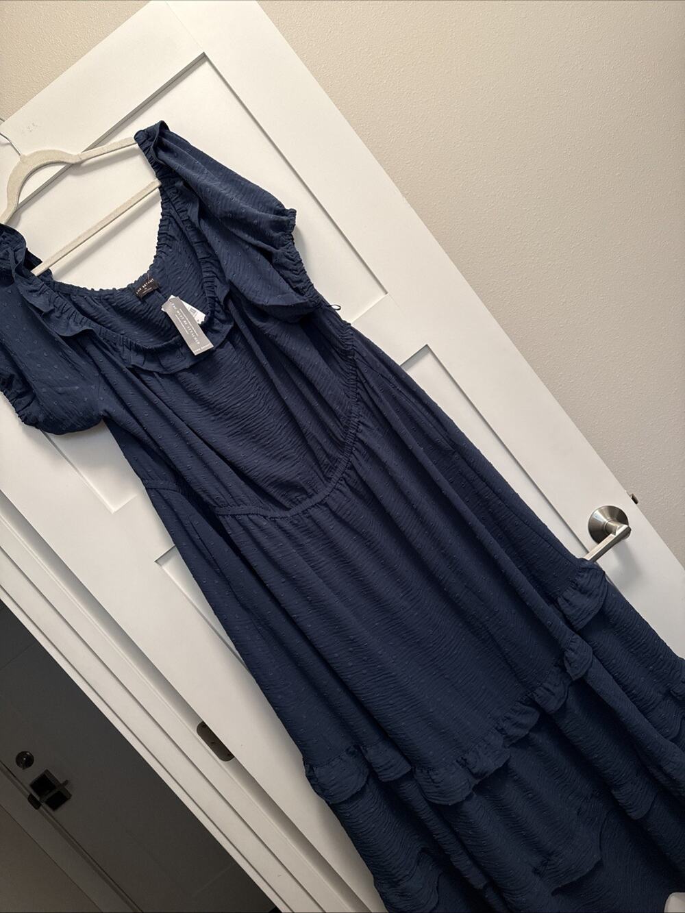 Lane Bryant Womens Navy Blue Swiss Dot Tiered Off The Shoulder Maxi Dress NEW 28
